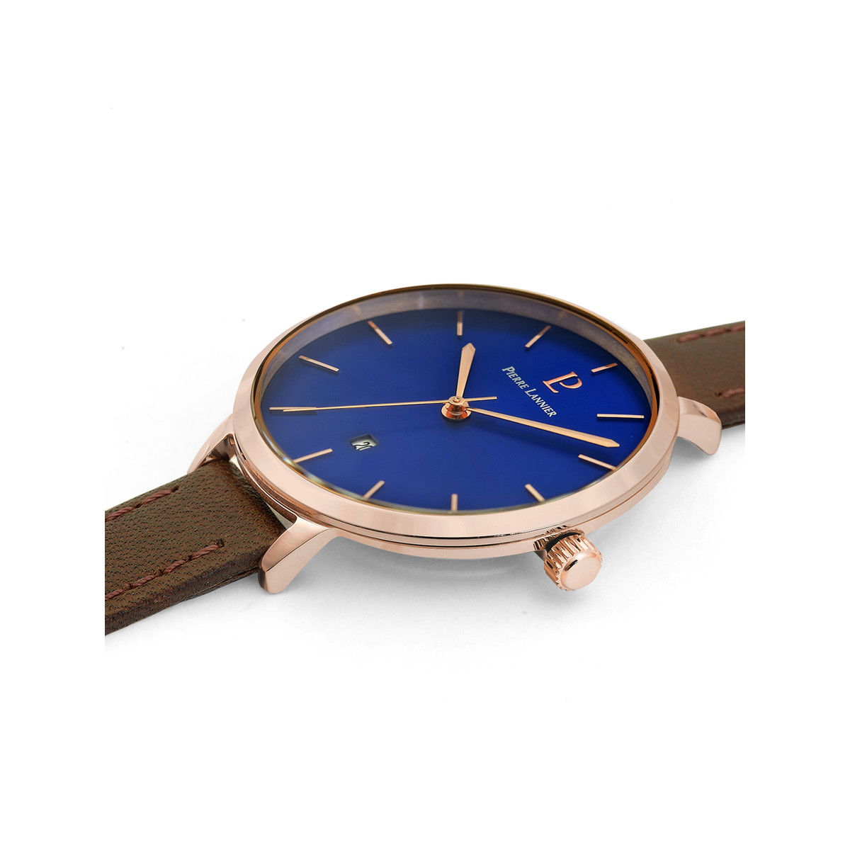 Montre Pierre Lannier femme acier doré rose bracelet cuir marron