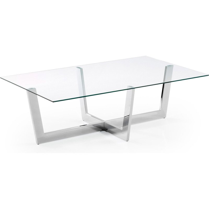 Table basse Plam en verre transparent et structure en acier chromé 120 x 70 cm