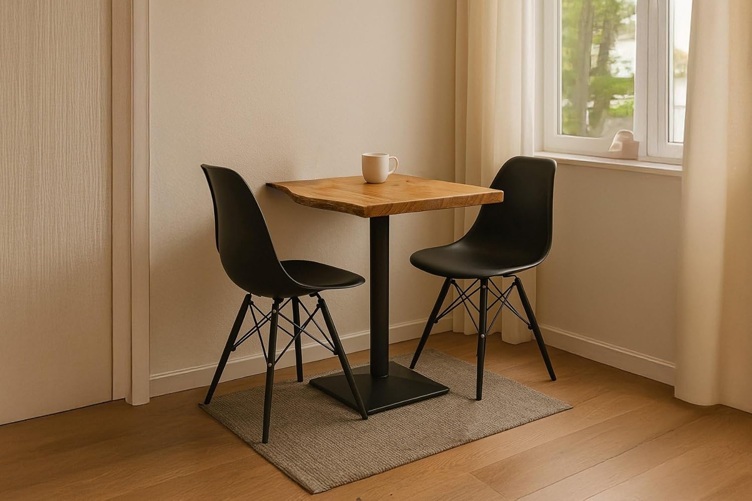 SAM Bistrotisch INES | 60 x 60 cm | Akazienholz massiv | Farbe: Natur | echte Baumkante | Säulen-Gestell Metall Schwarz | Baumkantentisch/Säulentisch/Esstisch für Küche, Café & Essbereich