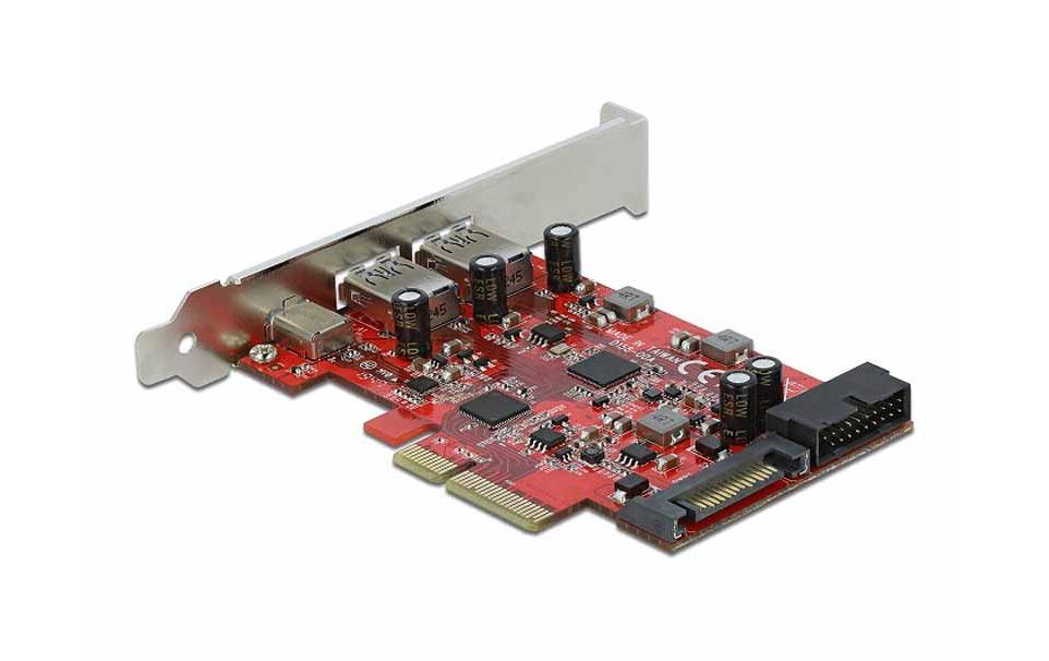 PCI-Express-Karte USB-C / USB-A / intern USB 5 GbpsDelock PCI Express x4 Karte zu 1 x extern USB Type-C Buchse + 2 x extern USB Typ-A Buchse SuperSpeed USB 10 Gbps + 1 x intern USB 5 Gbps Pfostenstecker