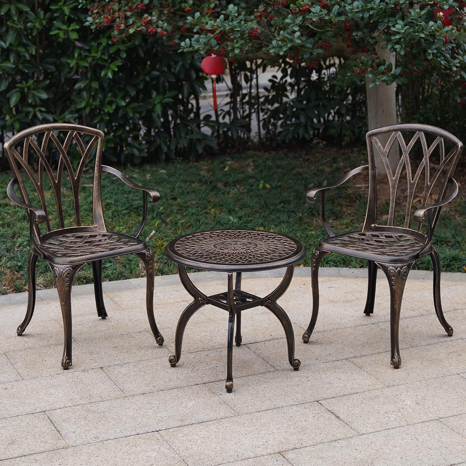 Jardin DE CENTENNAIL 3-teiliges Bistro-Set für den Außenbereich, aus Aluminiumguss, rostbeständig, Motiv Sessel (Kupfer)