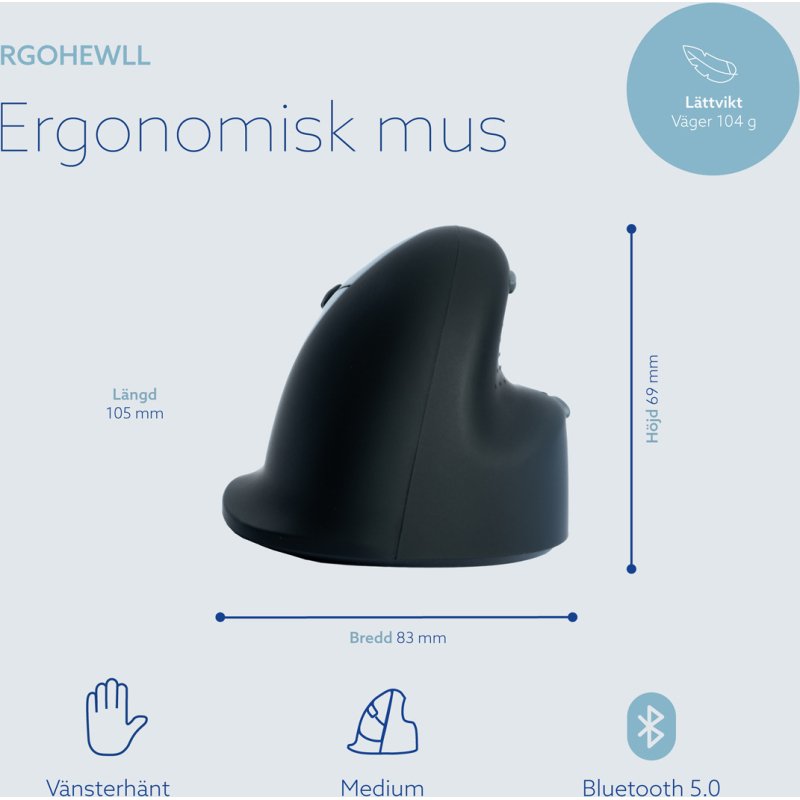 R-Go Tools Souris Ergonomique R-Go HE Break avec logiciel de pause, gaucher, moyen (longueur main 165-185 mm), bluetooth, noir