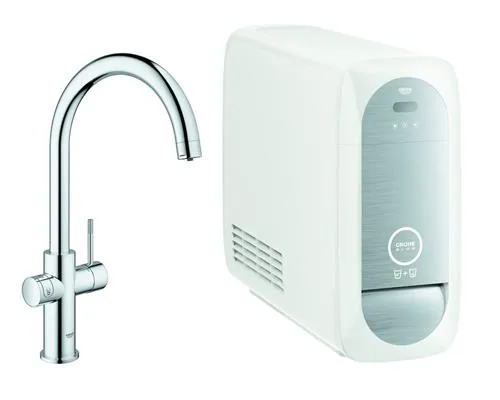 Grohe Blue Home Duo start kit - etgrebs armatur i krom med filterfunktion, C-tud, LED trykknap, WIFI/Bluetooth funktionalitet