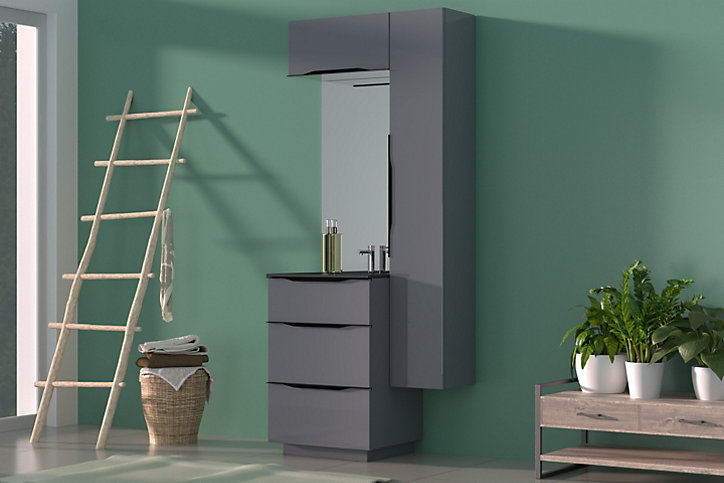Meuble sous vasque à poser Pamili gris anthracite brillant 60 cm + plan vasque en résine noir