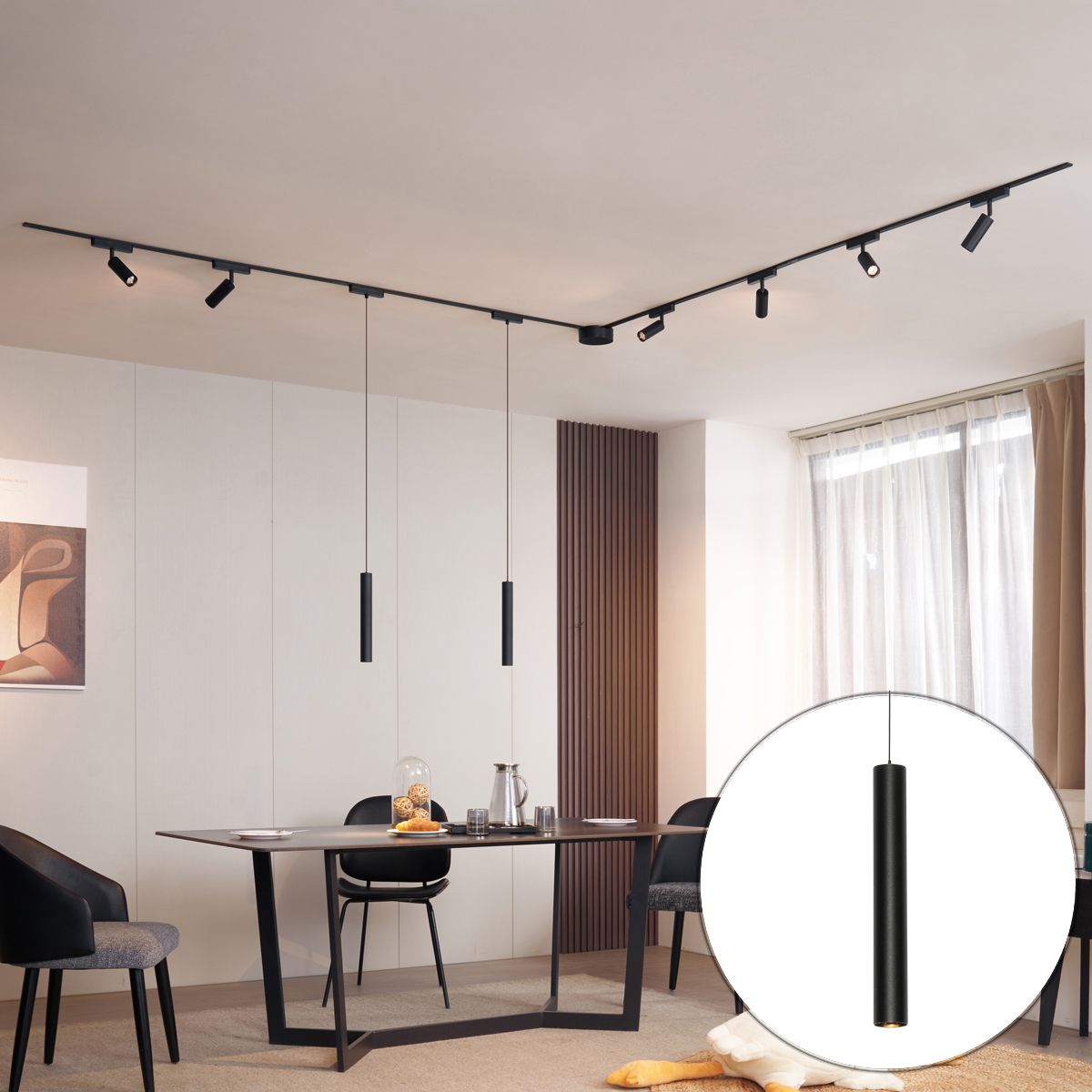 Railsysteem met 6 spots en 2 hanglampen zwart 1-fase - Magnetic Samson Cassie