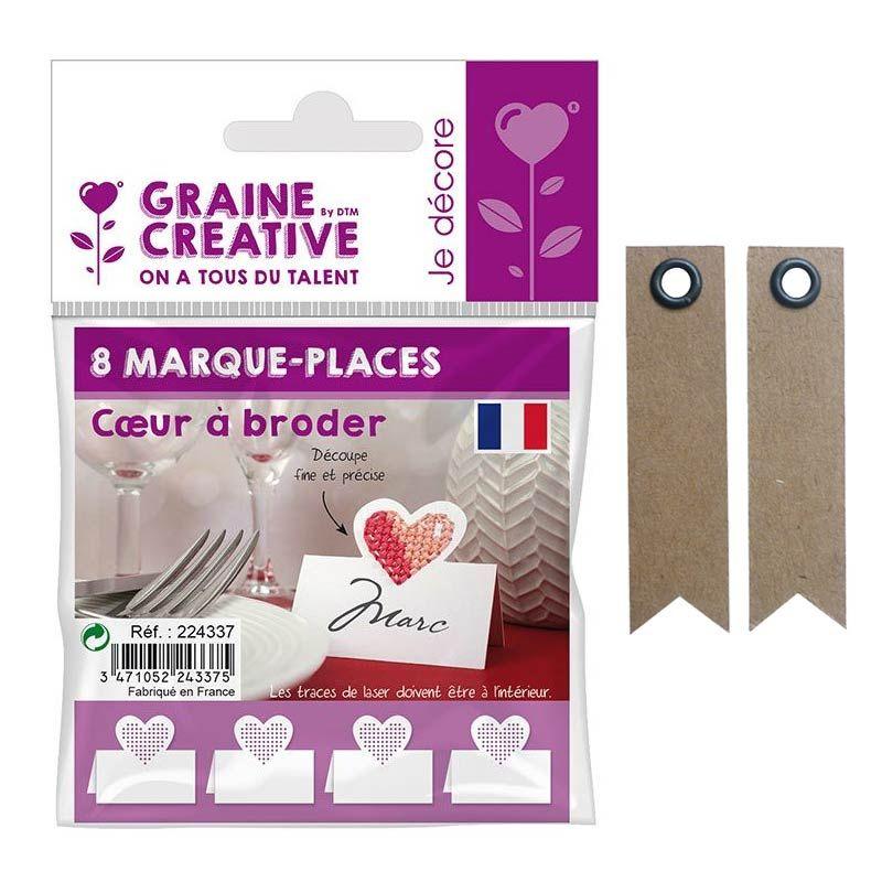 8 marque-places Coeur à broder + 20 étiquettes kraft Fanion Youdoit