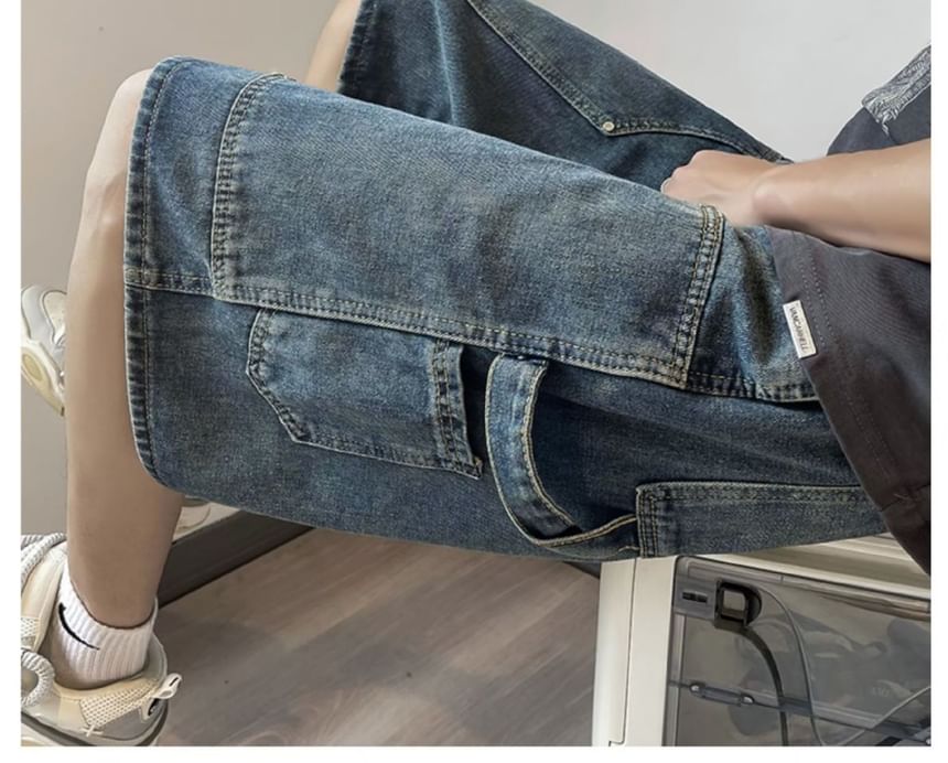 Femilina - Mid Rise Washed Cargo Denim Shorts