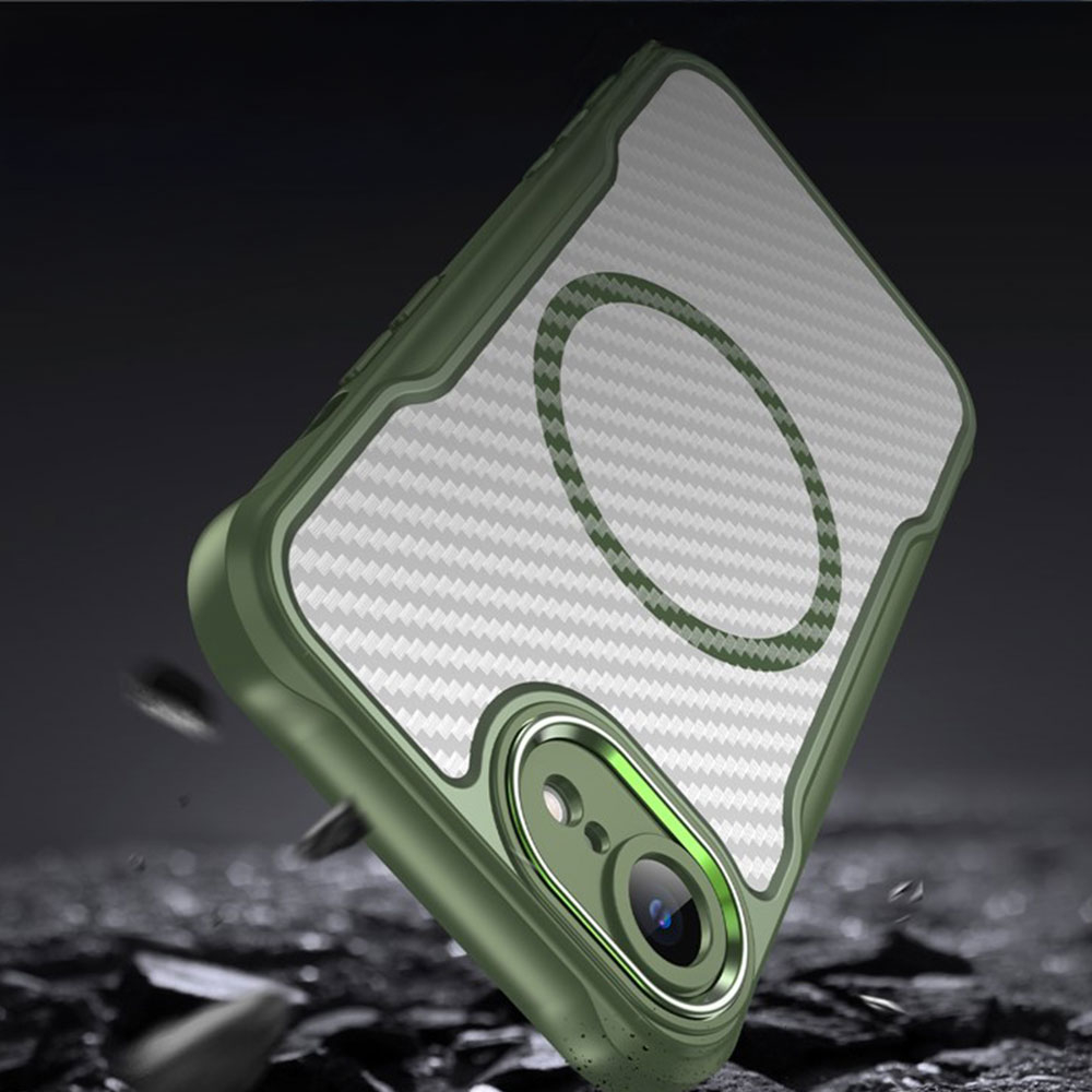 iPhone 16e MagSafe Gummi Case Schutzhülle Carbon Look Air Cushion Fallschutz mit Kameraschutz - Grün / Transparent