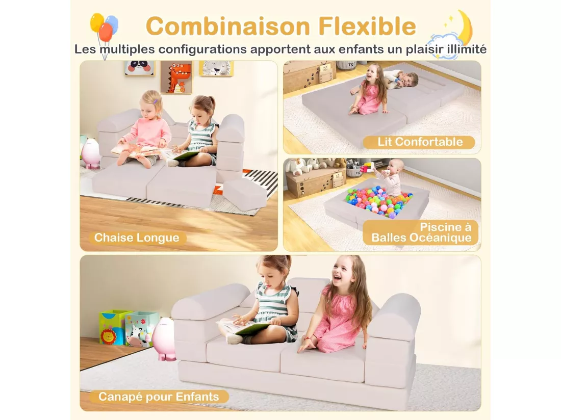 9PCS Canapé Modulaire pour Enfants en Tissu Daim, Canapé Enfant Convertible 2 Places avec Housses Amovibles & Lavables, Canapé en Mousse pour Salle de Jeux et Chambre, 3 Ans+ (Beige)