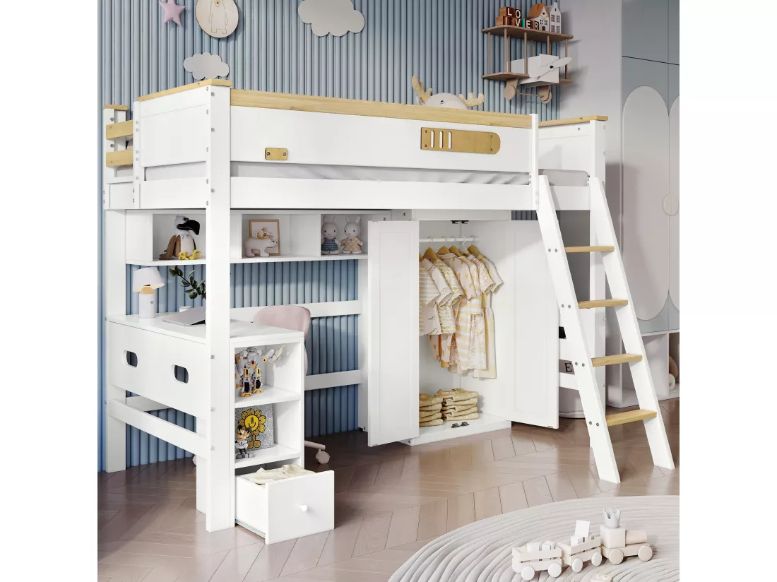Lit mezzanine en bois - 90x200 cm - avec étagères、bureau et armoire - Blanc
