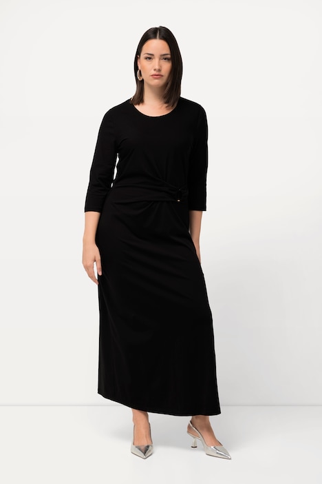 Maxikleid, Drapierung, Schmucköse, Rundhals, 3/4-Arm