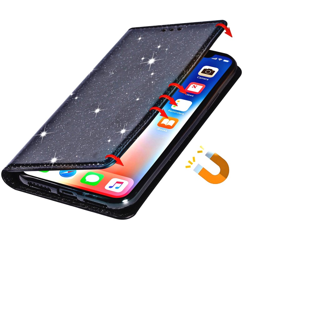 Samsung Galaxy S25 Ultra Flip Wallet Cover Leder Tasche Glitzer Optik - Schwarz