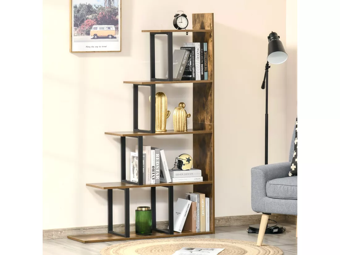 Étagère bibliothèque séparateur de pièce style industriel en escalier 5 étagères dim. 102L x 30l x 160H cm acier noir panneaux particules aspect vieux bois chêne