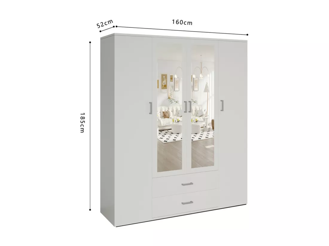 Armoire 4 portes avec 2 miroirs TOM – Dimensions H185 x L160 x P52 cm – Coloris blanc – Style design
