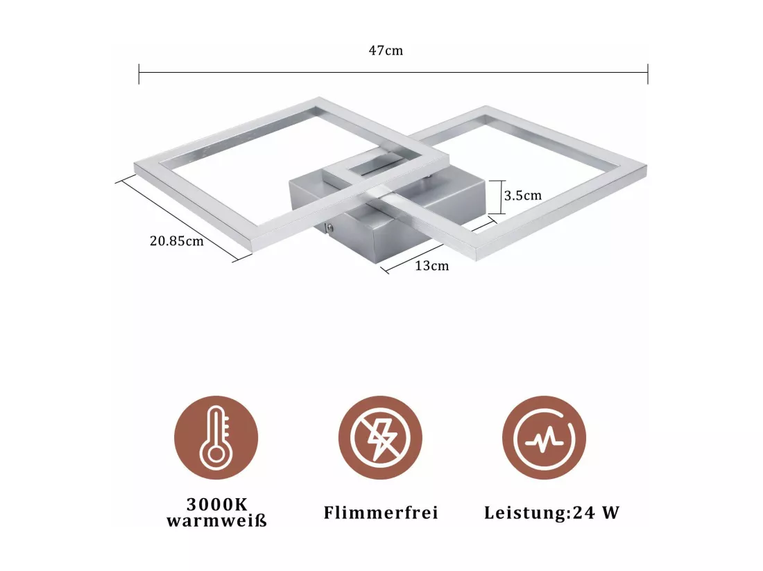 NETTLIFE Plafonnier LED carré argenté moderne pour chambre à coucher 24 W en métal 3000 K blanc chaud pour couloir