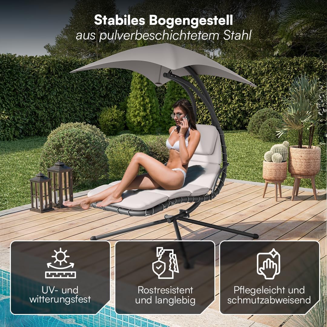 STEELSØN Schwebeliege Nyria, Hängeliege mit Gestell, Hängesessel inkl. Polsterauflage für Garten, Terrasse und Balkon, Schaukelliege, Schwingliege mit Sonnendach beige