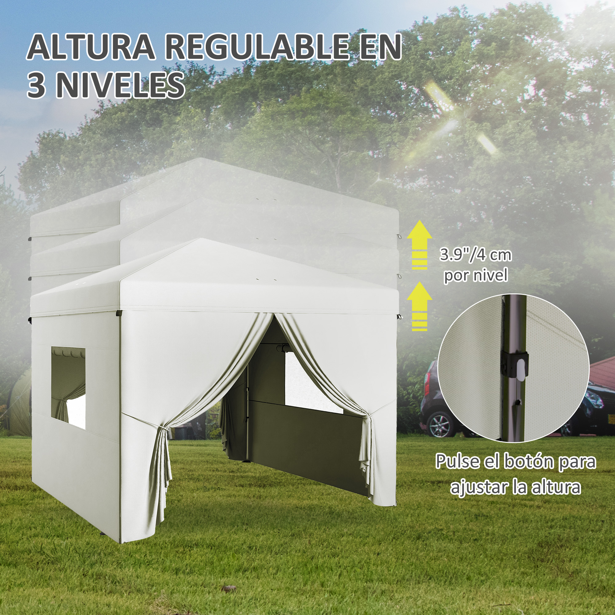 Tenda dobrável Outsunny 3x3m, gazebo de jardim com 4 paredes laterais, 2 janelas de tela, altura ajustável, bolsa de transporte, impermeável e resistente aos raios UV para acampamentos e festas, branca.