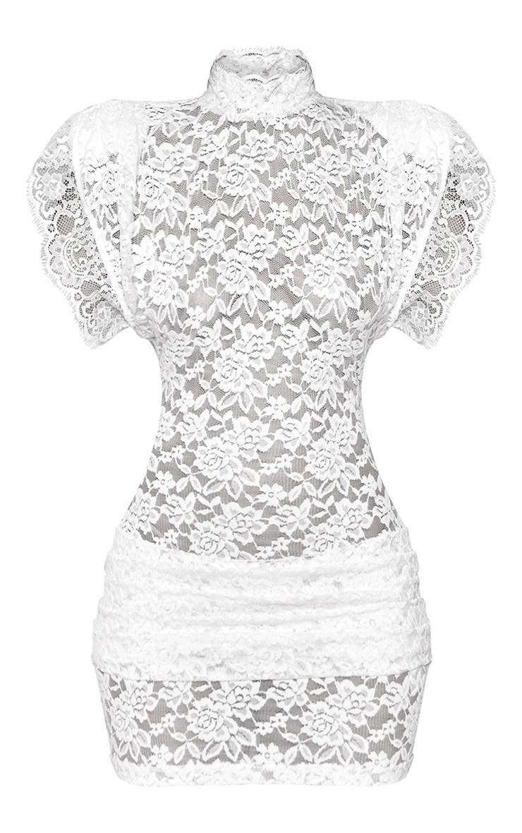 Blanc Robe Mini Ajustée En Dentelle Transparente À Épaules Structurées Petite
