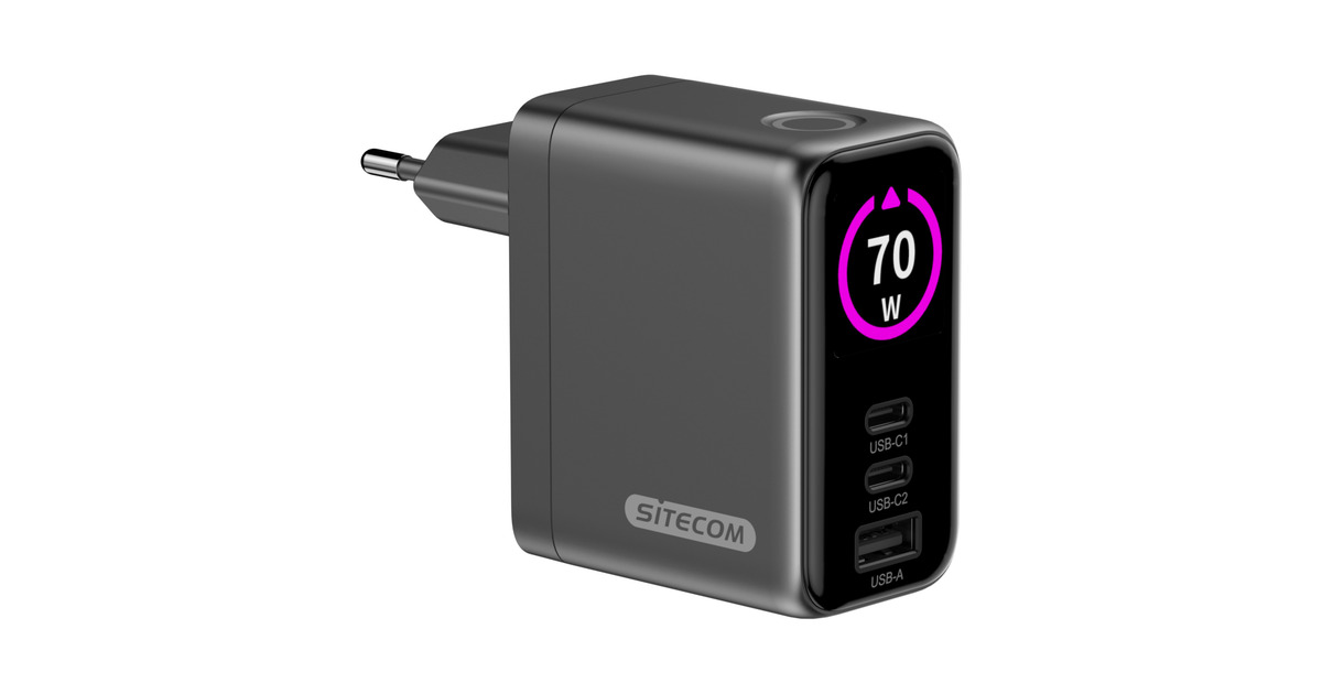 Sitecom70W GaN Power Delivery Wall Charger with full color LED display oplader  (Zwart)