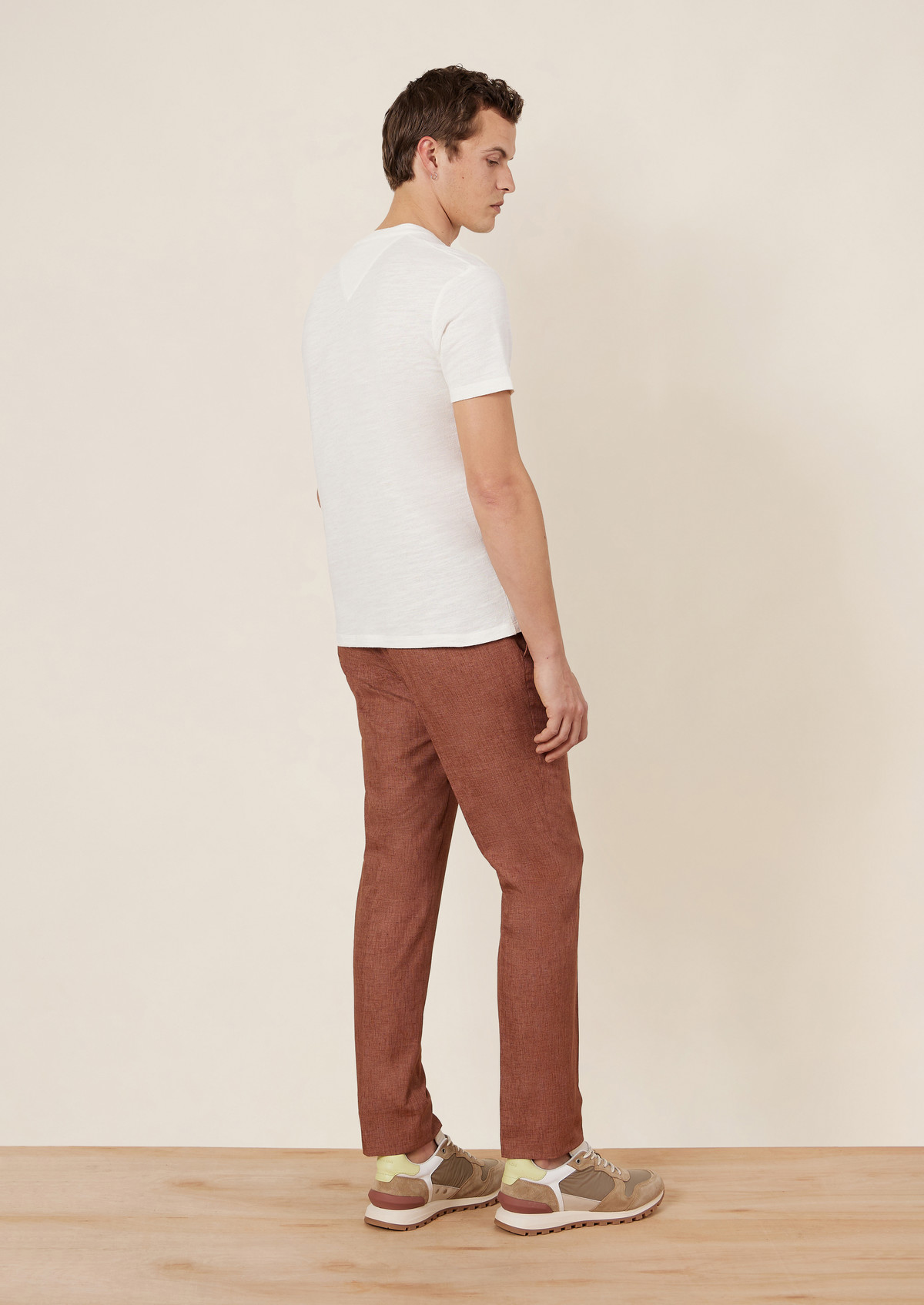 Pantalon coordonnable Slim en coton et lin mélangés unis terracotta