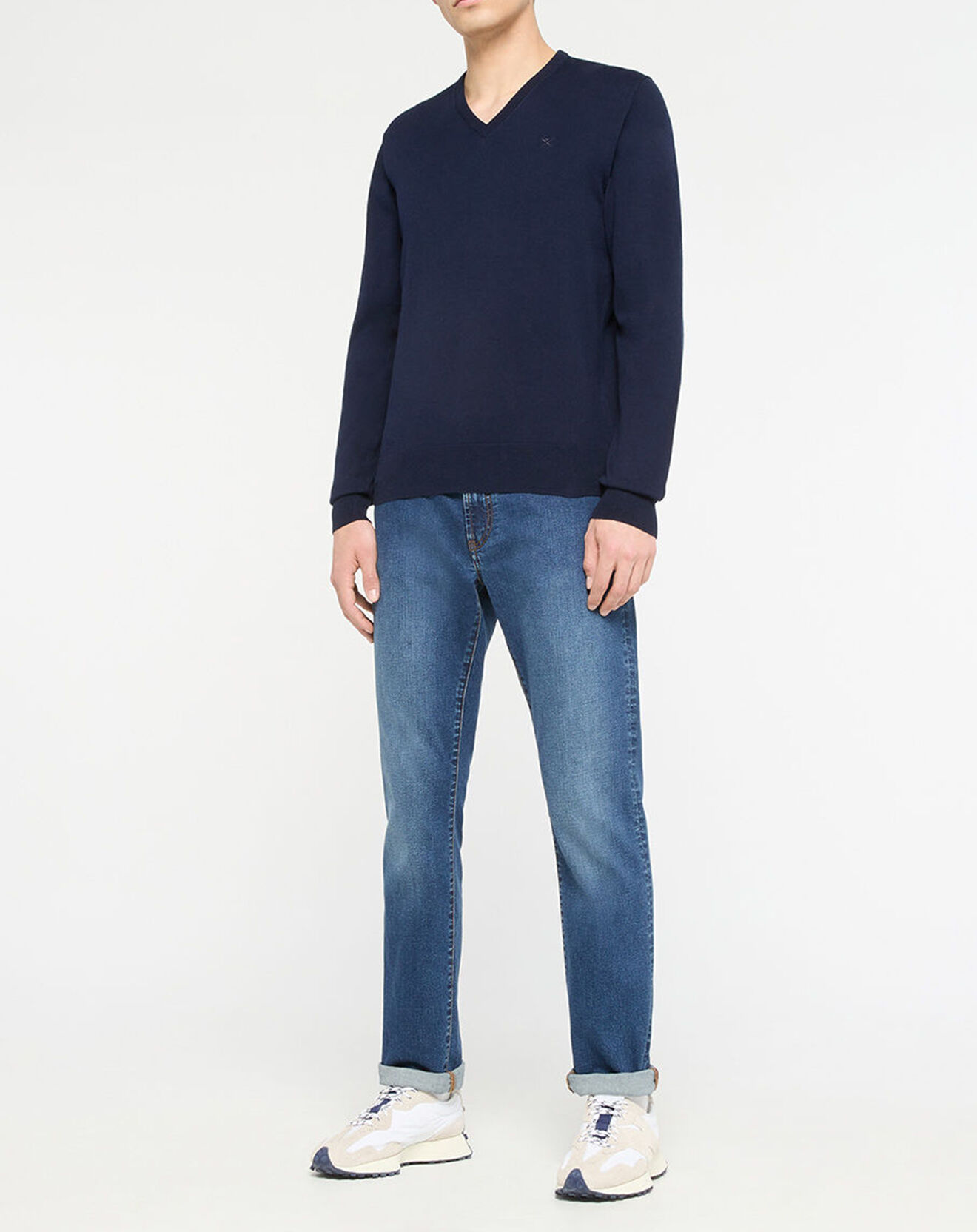 Hackett London Pull en Coton & Soie col V bleu marine
