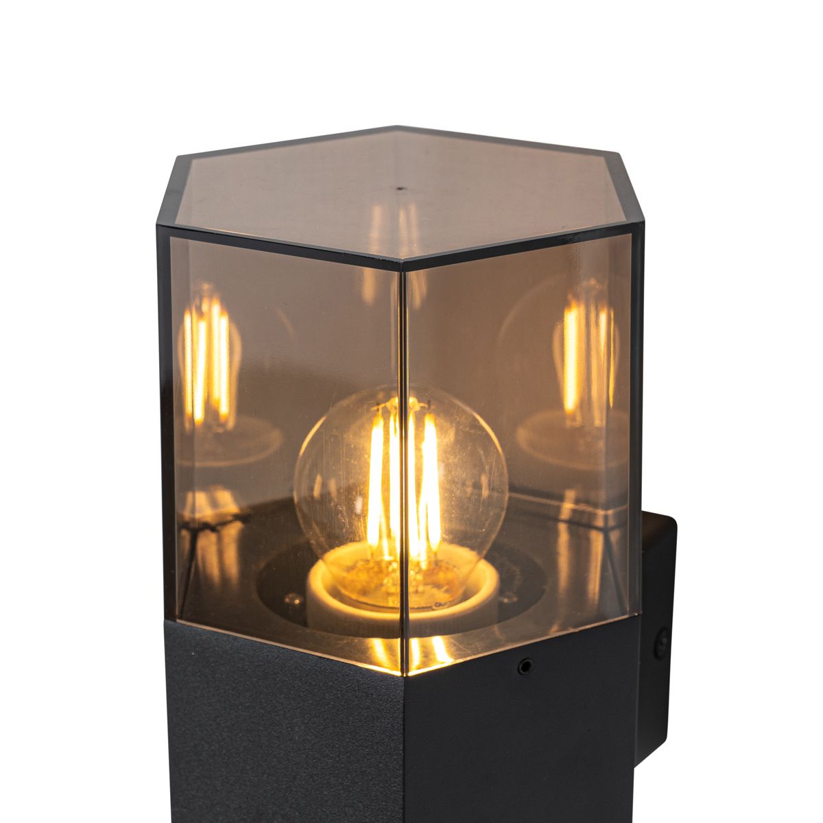 Buiten wandlamp zwart met smoke glas zeshoek en bewegingssensor - Denmark