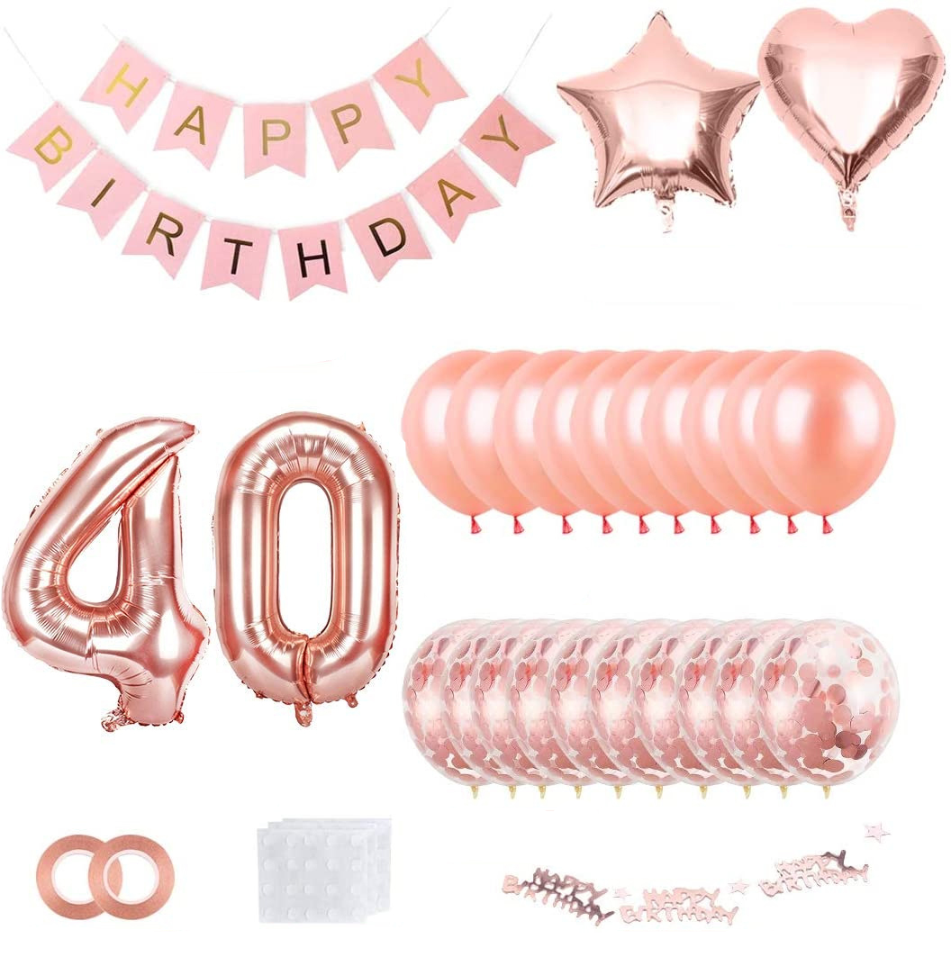 (73-tlg. Set) Happy Birthday Girlande 40. Geburtstag Party Deko   Latex- und Folienballons / Konfetti - Roségold