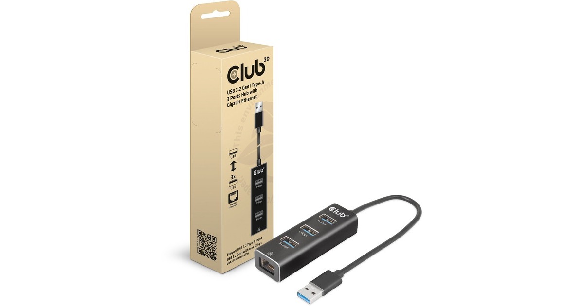 Club 3DUSB-A 3.2 Gen1, 3-Ports Hub with Gigabit Ethernet dockingstation  (Zwart)