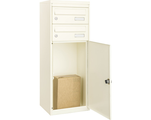 MEFA pakketbrievenbus, gepoedercoat staal, BxHxD 410/1025/325 mm, Mana 482, zuiver wit RAL 9010, zijdemat, frontuitname, 3 compartimenten met 2 naamplaatjes