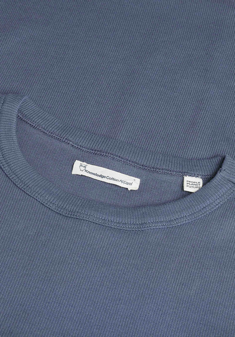 Knowledge Cotton Apparel Rib T-Shirt With Ruffle Hemming Vintage Indigo