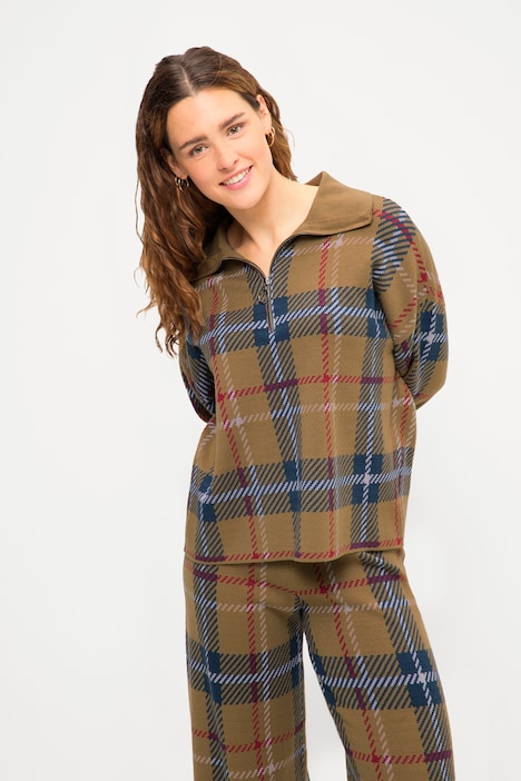 Troyer, oversized, XL Karo, Stehkragen, Zipper, Langarm