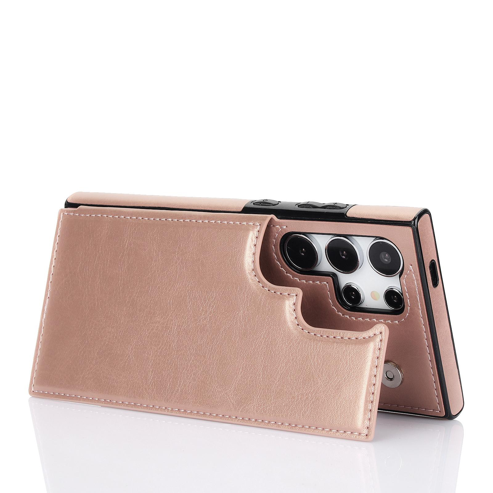 Samsung Galaxy S24 Ultra Hybrid Leder Hülle mit Kartenfach   Kickstand Aufsteller - Roségold