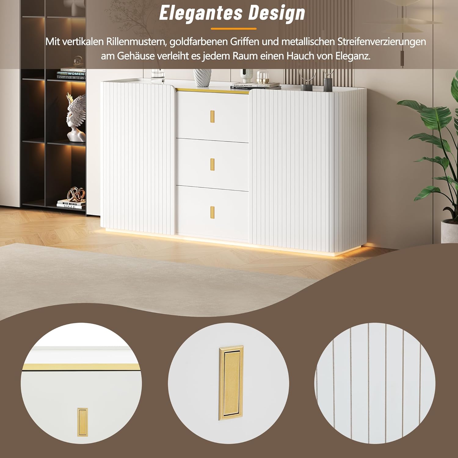Sideboard Kommode Weiß mit LED-Licht, 150x35x80cm Küchenschrank Stauraum 2 Türen & 3 Schubladen, Seitenschrank Mehrzweckschrank Sideboard Wohnzimmer Möbel Buffetschrank Kitchen Cabinet Anrichte