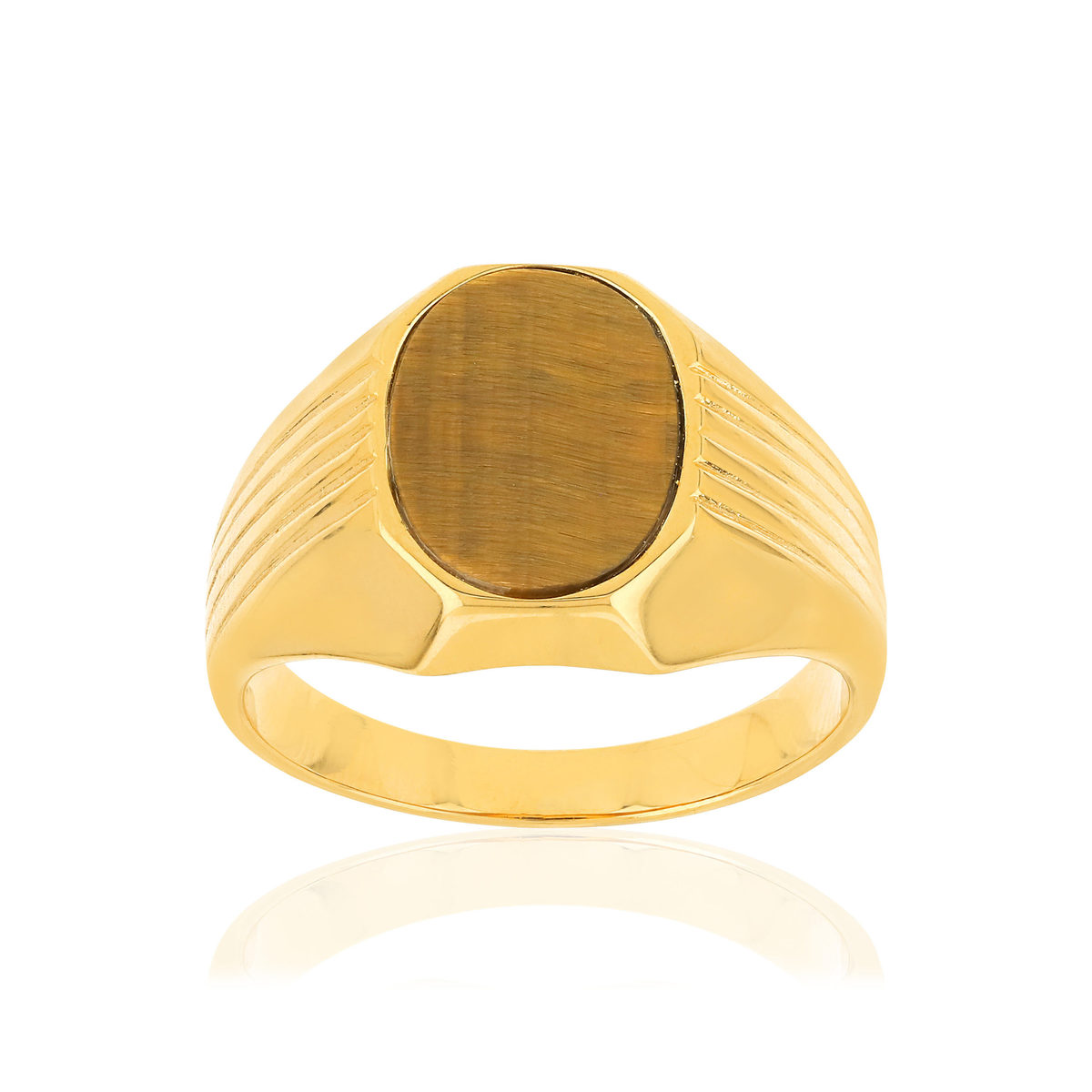 Bague or 375 jaune ovale oeil de tigre marron