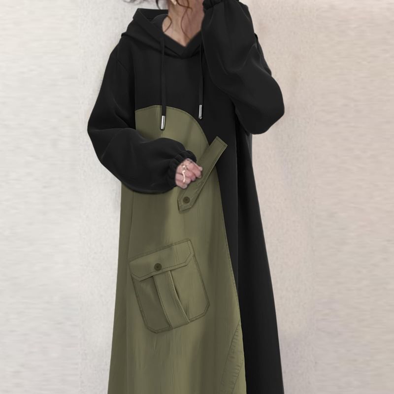 YARU - Tweekleurige maxi-A-lijn hoodiejurk
