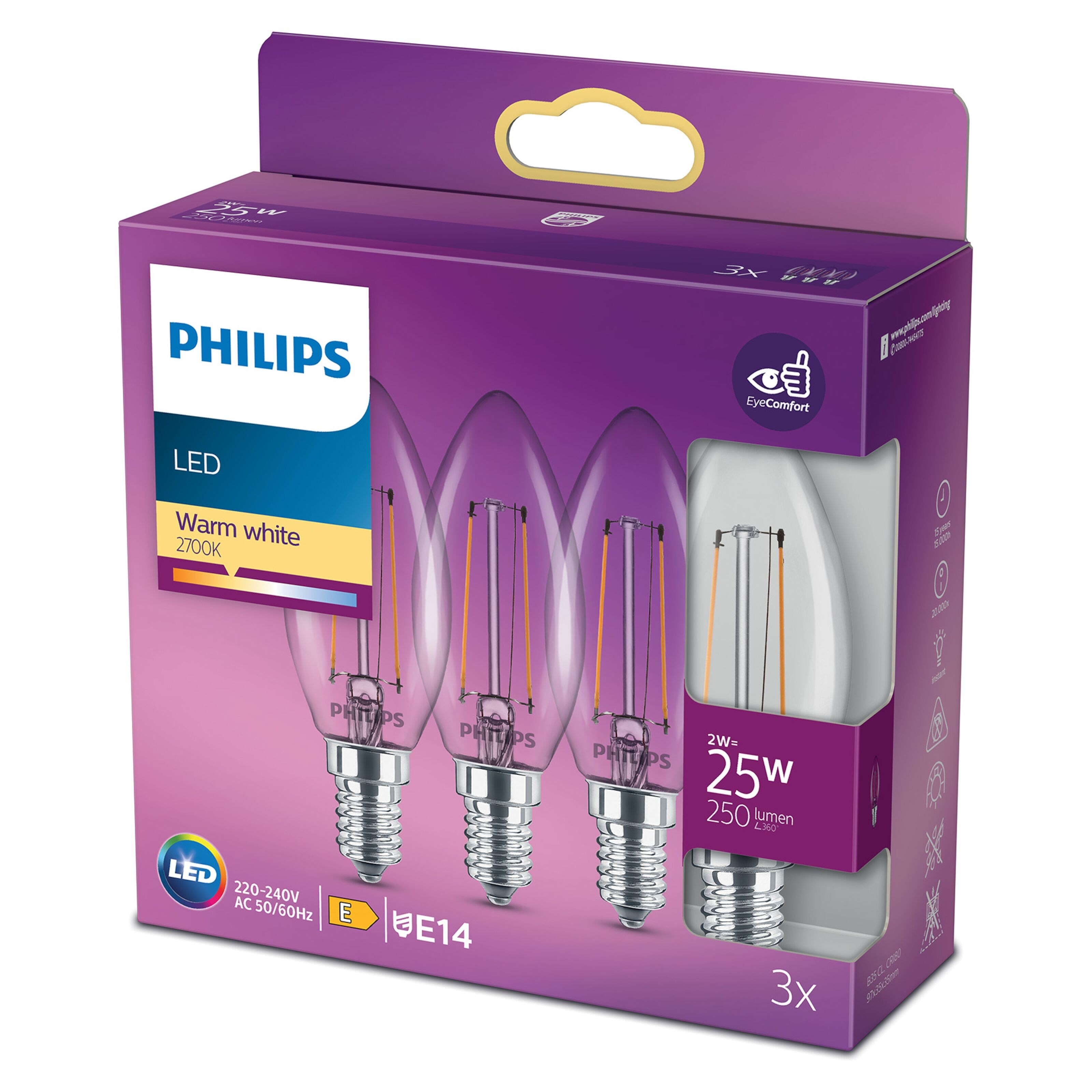Philips LED-pære Mignon LED E14 250 lm 3-pk.