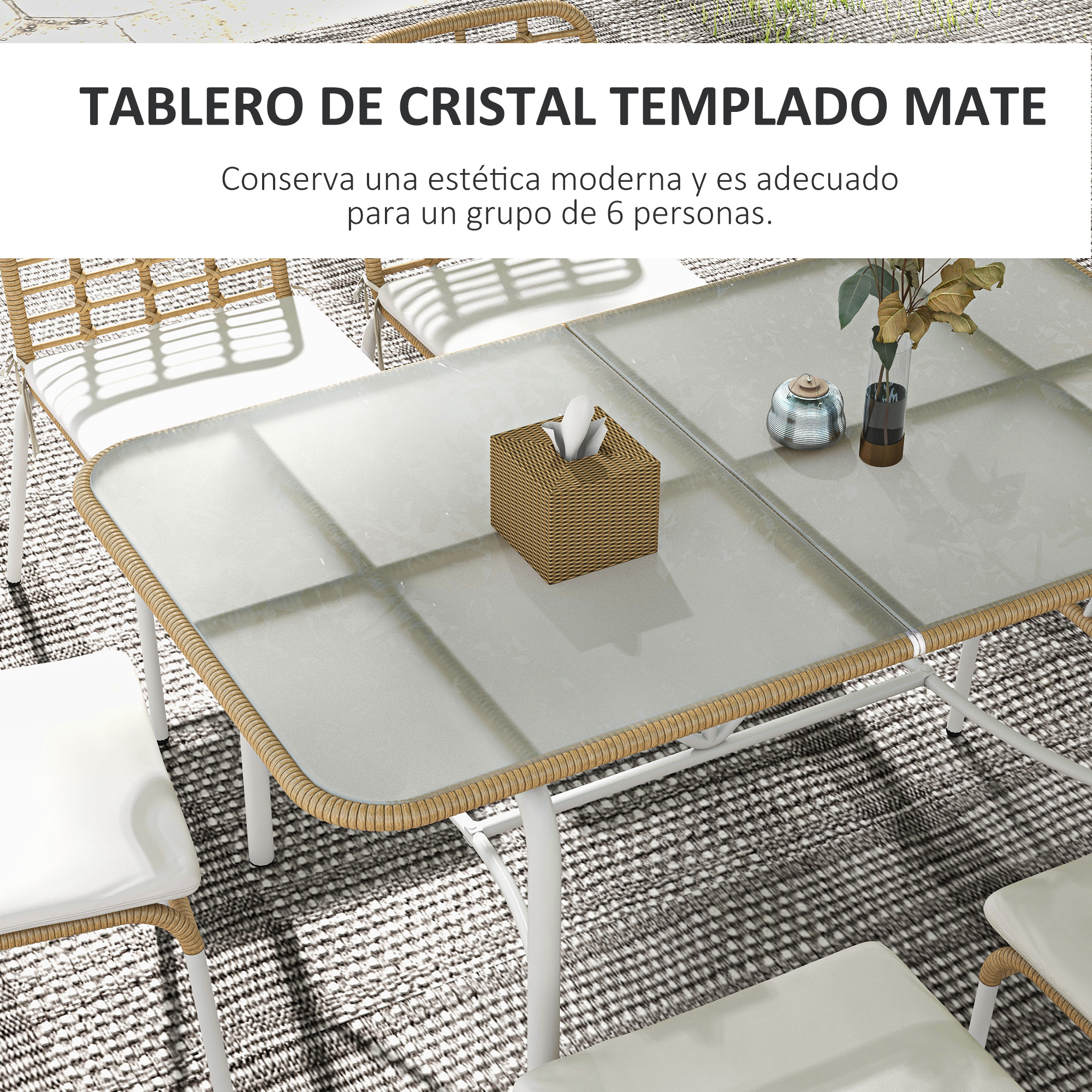 Conjunto de jardim Outsunny em rattan sintético, conjunto de 7 peças para exterior, incluindo 6 cadeiras empilháveis com almofadas e mesa de vidro natural.