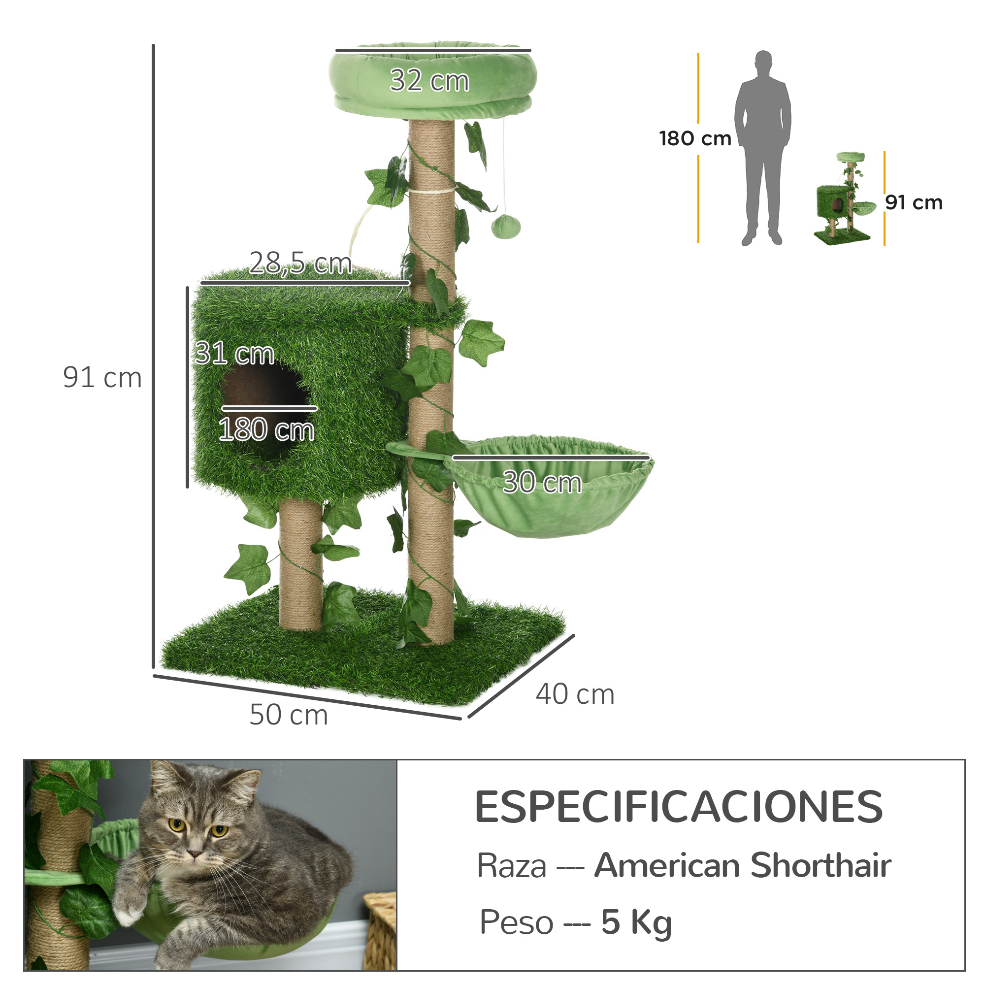 Arranhador para Gatos PawHut, Torre de 91cm para 1-2 Gatos com Casinha, Cama, Rede, Poste de Juta e Bola Pendurada, 50x40x91cm, Verde