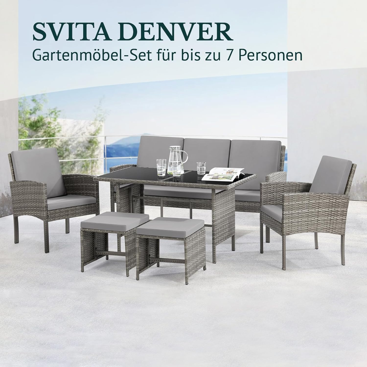 SVITA Denver Polyrattan Gartenmöbel Set Essgruppe Lounge Esstisch Grau