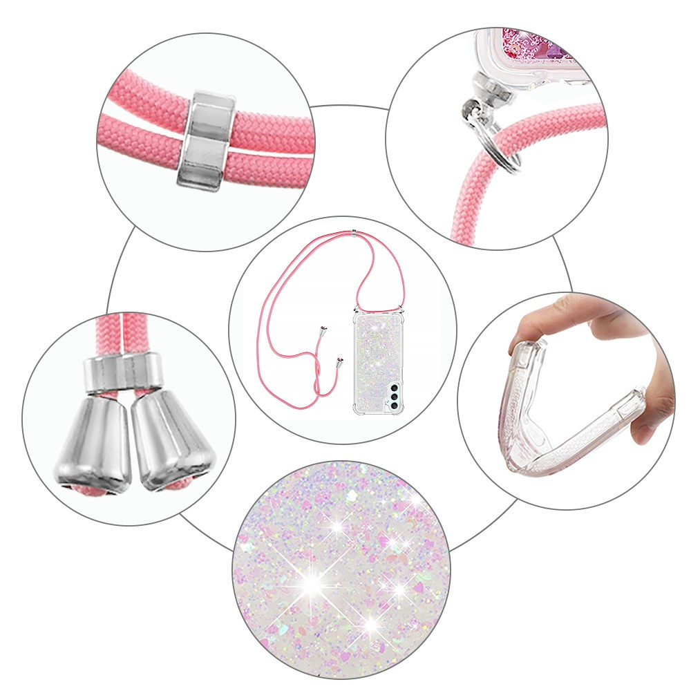 Samsung Galaxy A25 / A24 Necklace Gummi Hülle Liquid Glitzer   Handykette (130cm) - Rosa / Silber