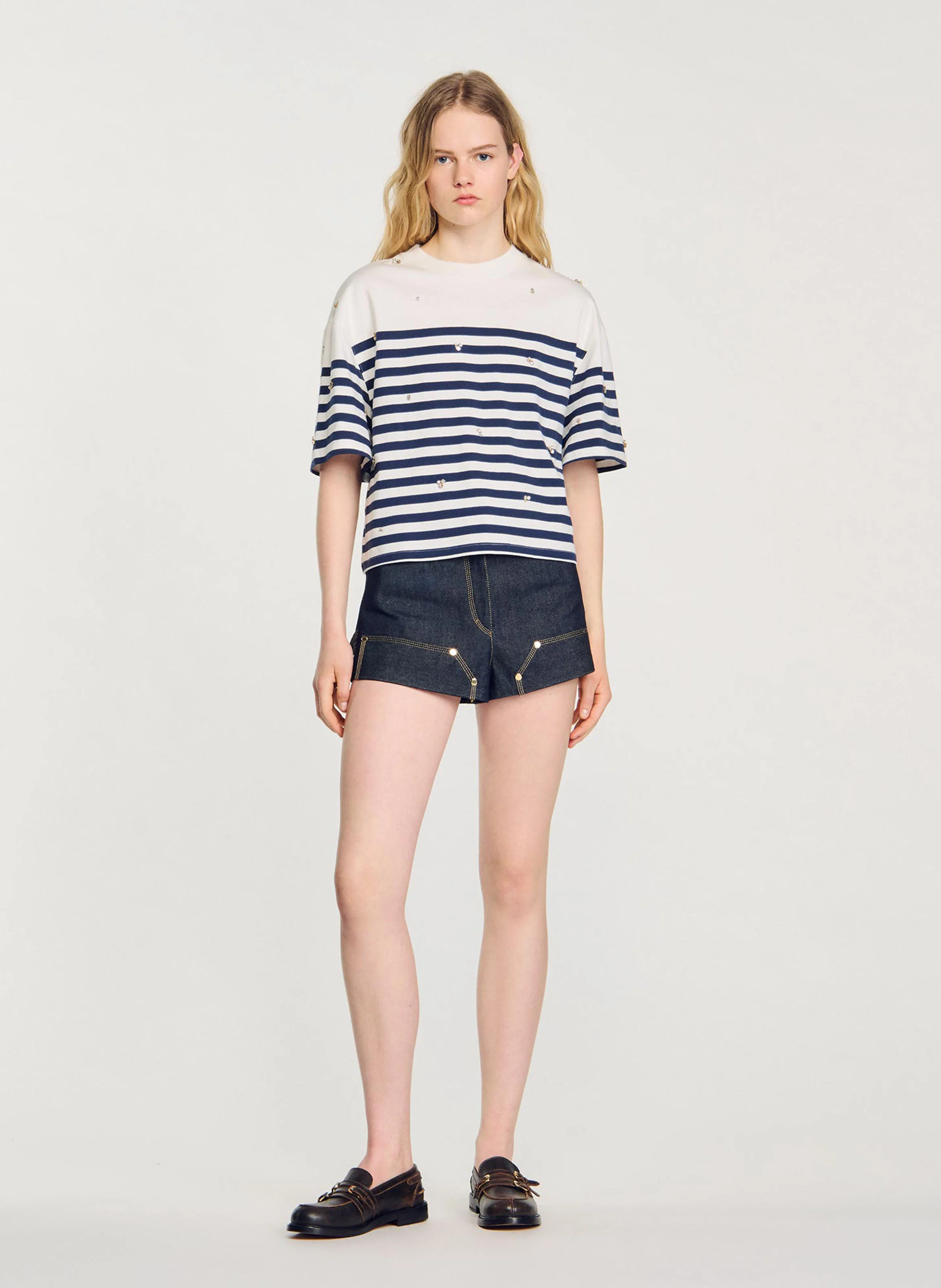 Tee-shirt rayé strass en coton| Bleu