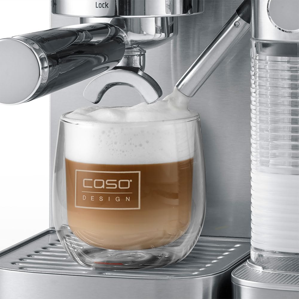 CASO Espresso Gourmet Latte - Testurteil Sehr Gut, Siebträgermaschine mit integriertem Milchbehälter, 20 bar ULKA Pumpe, Tassenwärmeplatte, 1 oder 2 Tassen, Silber, Edelstahl