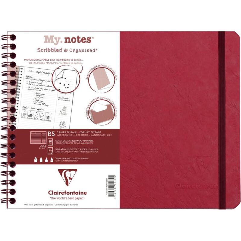 My.Notes Age Bag cahier reliure intégrale à marges détachables B5 paysage 120 pages détachables ligné + cadre en-tête - Rouge