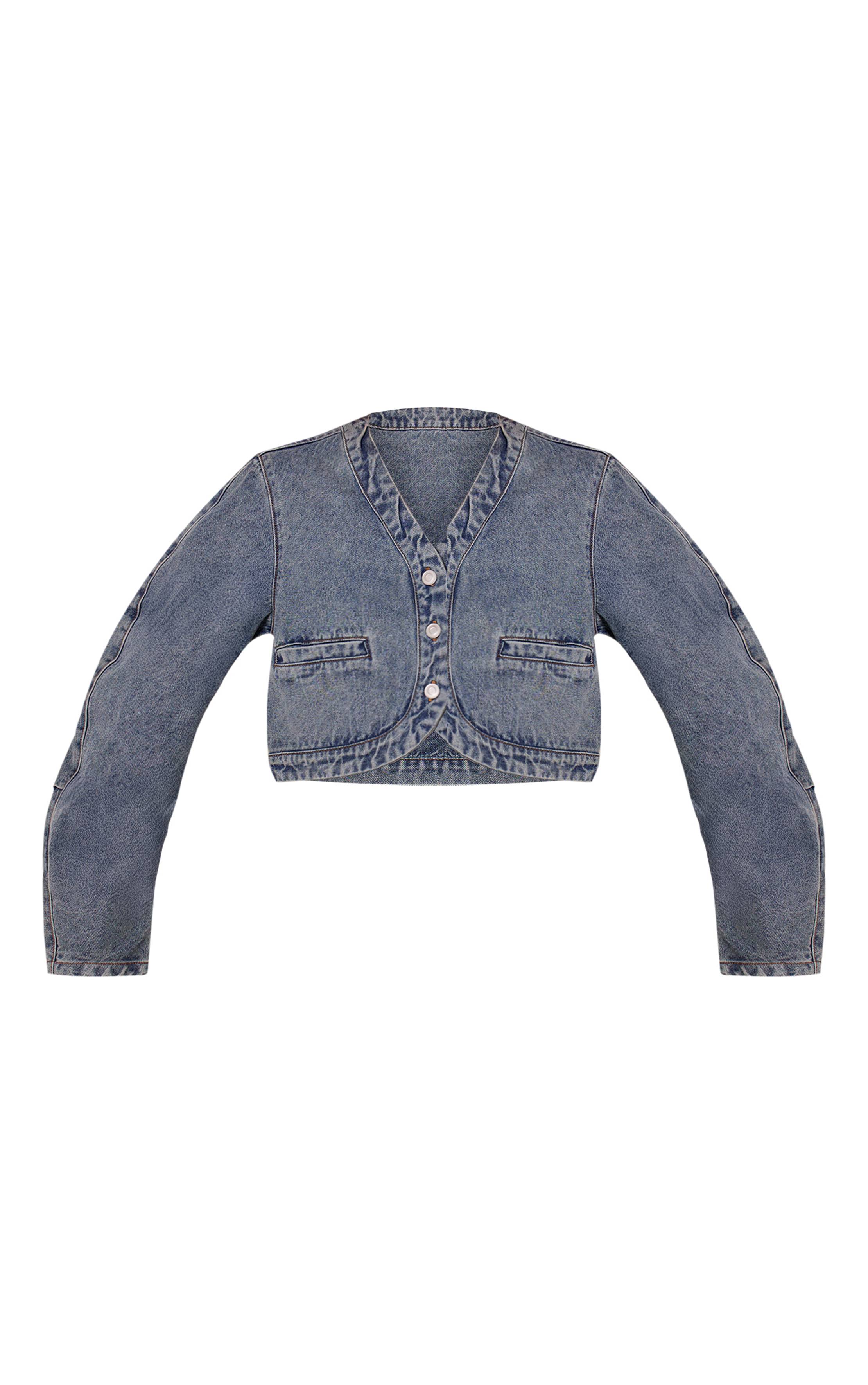 Vintage Veste En Jean Courte À Col En V Et Ourlet Arrondi
