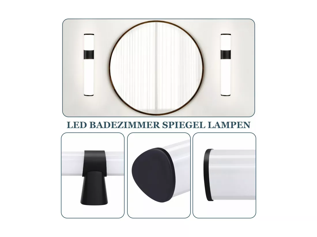 NETTLIFE Applique LED salle de bain，Lot de 2，Lampe de miroir de salle de bain à LED - Noire moderne 6W 30CM étanche IP44 blanc neutre 4000K
