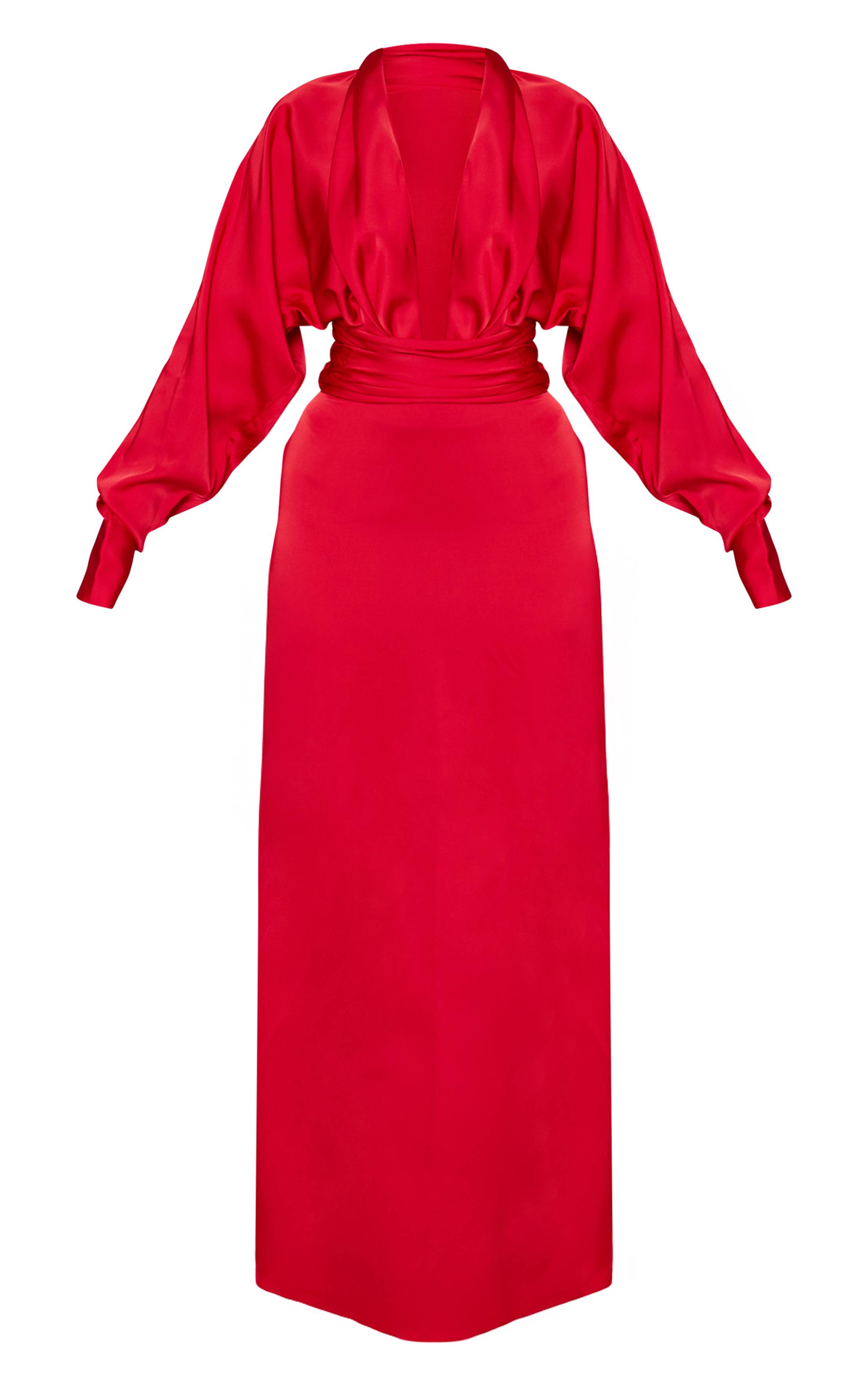 Rouge Robe Longue Satinée À Manches Longues Et Décolleté Plongeant Plt Label