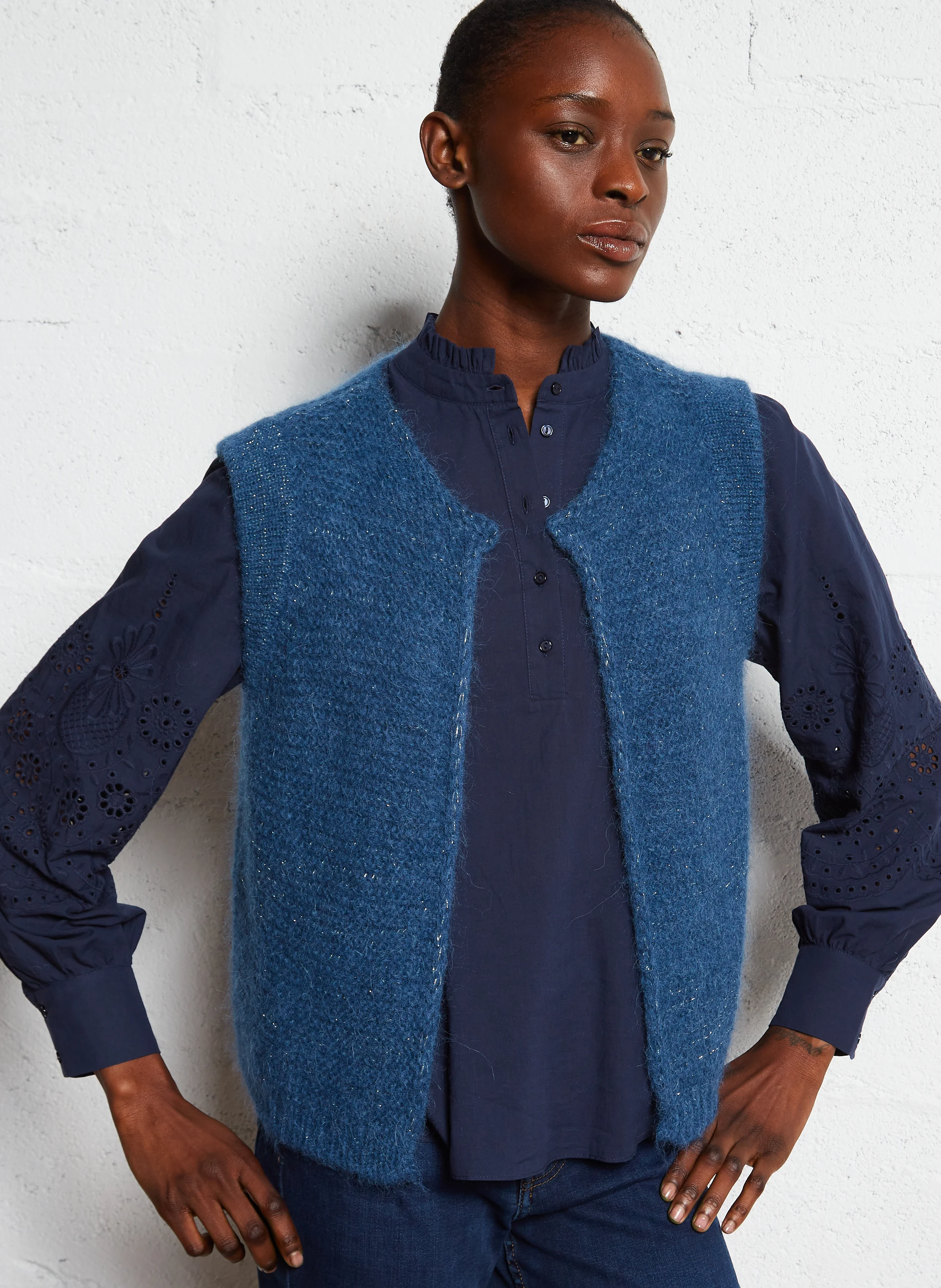 GOTANAX - Gilet col rond droit en maille | Bleu