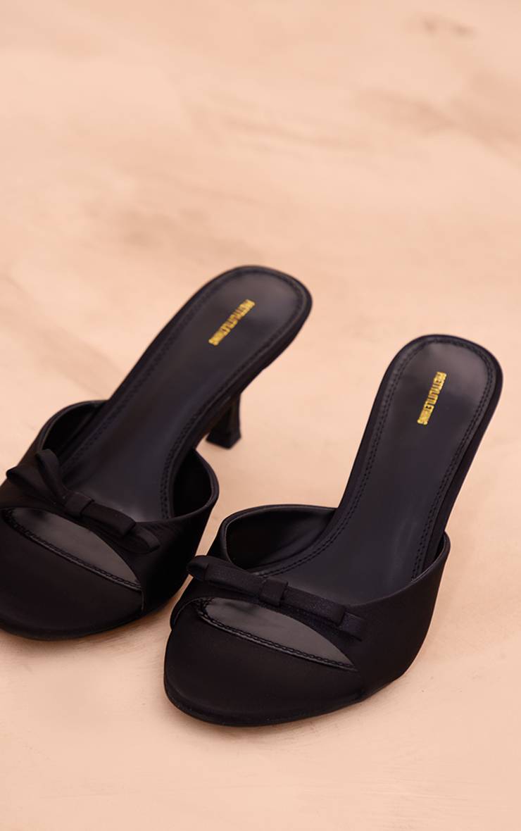 Noir Mules À Bout Ouvert Talon Bas Bride Nœud En Satin Bout Rond