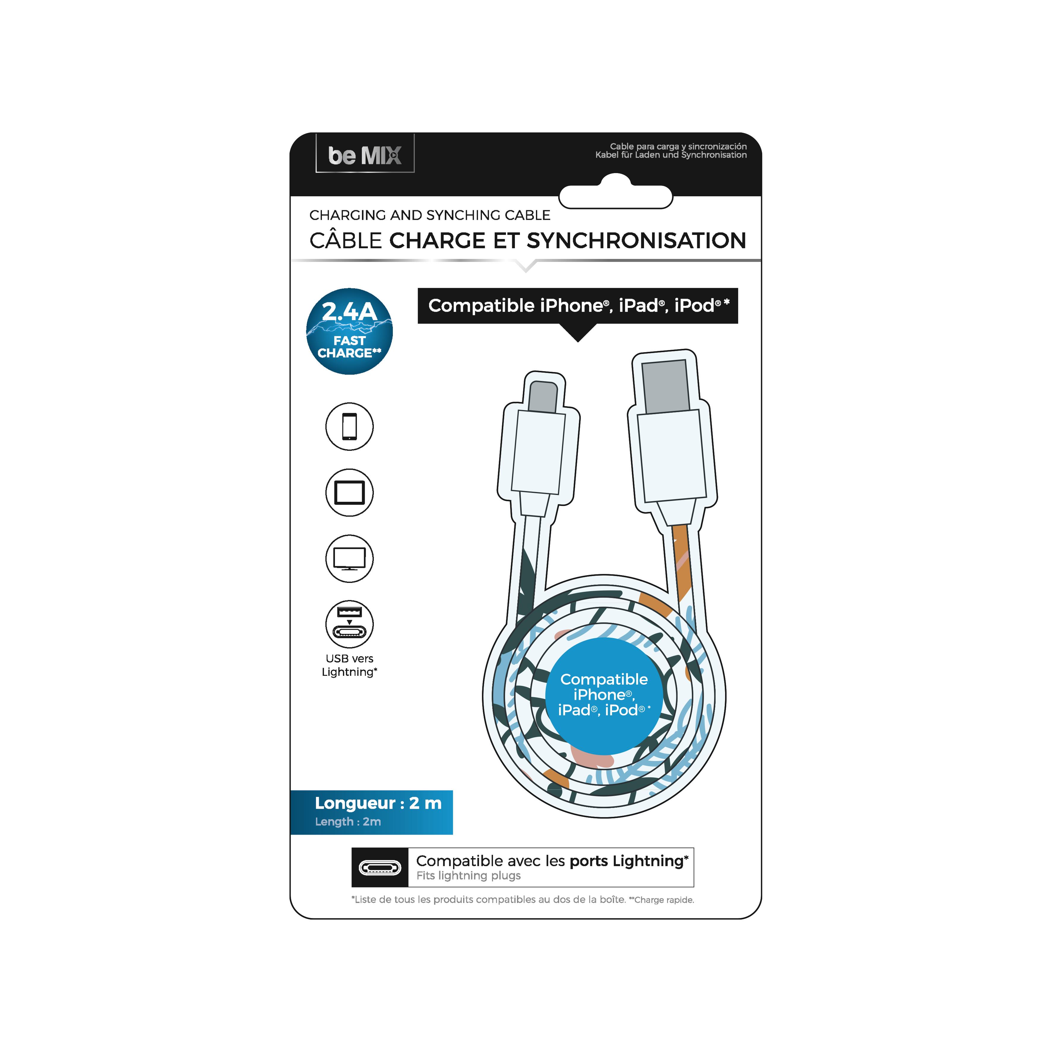 CABLE CHARGE ET SYNCHRONISATION IMPRIME LIGHTNING 3A 1M