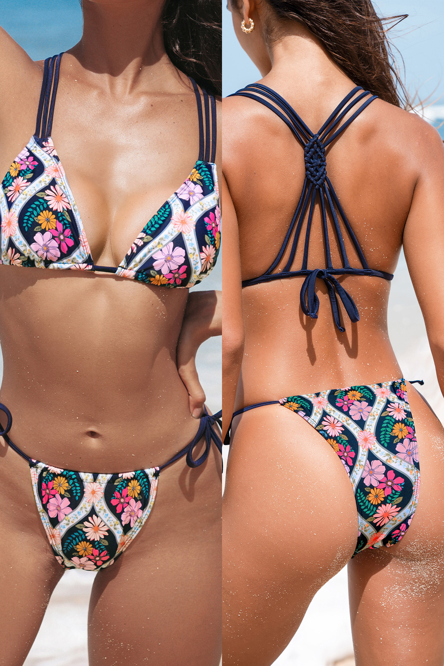 Bikini fleuri avec bretelles et bas à nouer sur les côtés ethnique